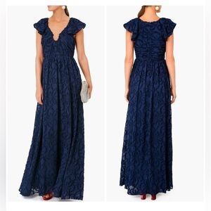 Tanya Taylor Leonie Gown Navy Blue Maxi Formal Notched V Size 10 Womens Dress